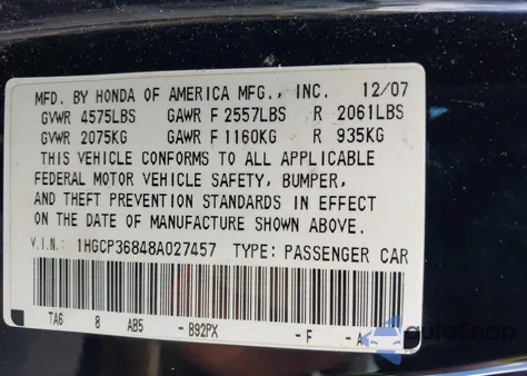 2008 Honda Accord 3.5 Ex-L from USA, damaged, VIN 1HGCP36848A027457